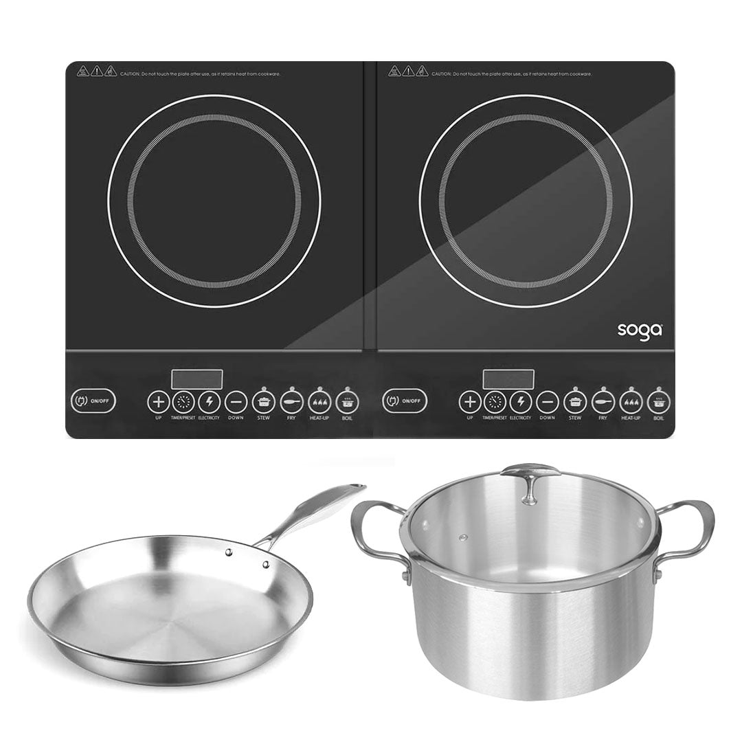SOGA Dual Burners Cooktop Stove 30cm Stainless Steel Induction Casserole and 30cm Fry Pan • LUZ-ECooktDBL-CASL4227-FRY2865