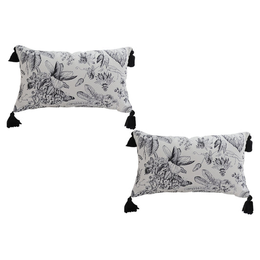 SOGA 2X 35cm Throw Pillow  Black and White Floral Print Elegant with Tassel Accents Home Decor • LUZ-FrenchCushion342X2