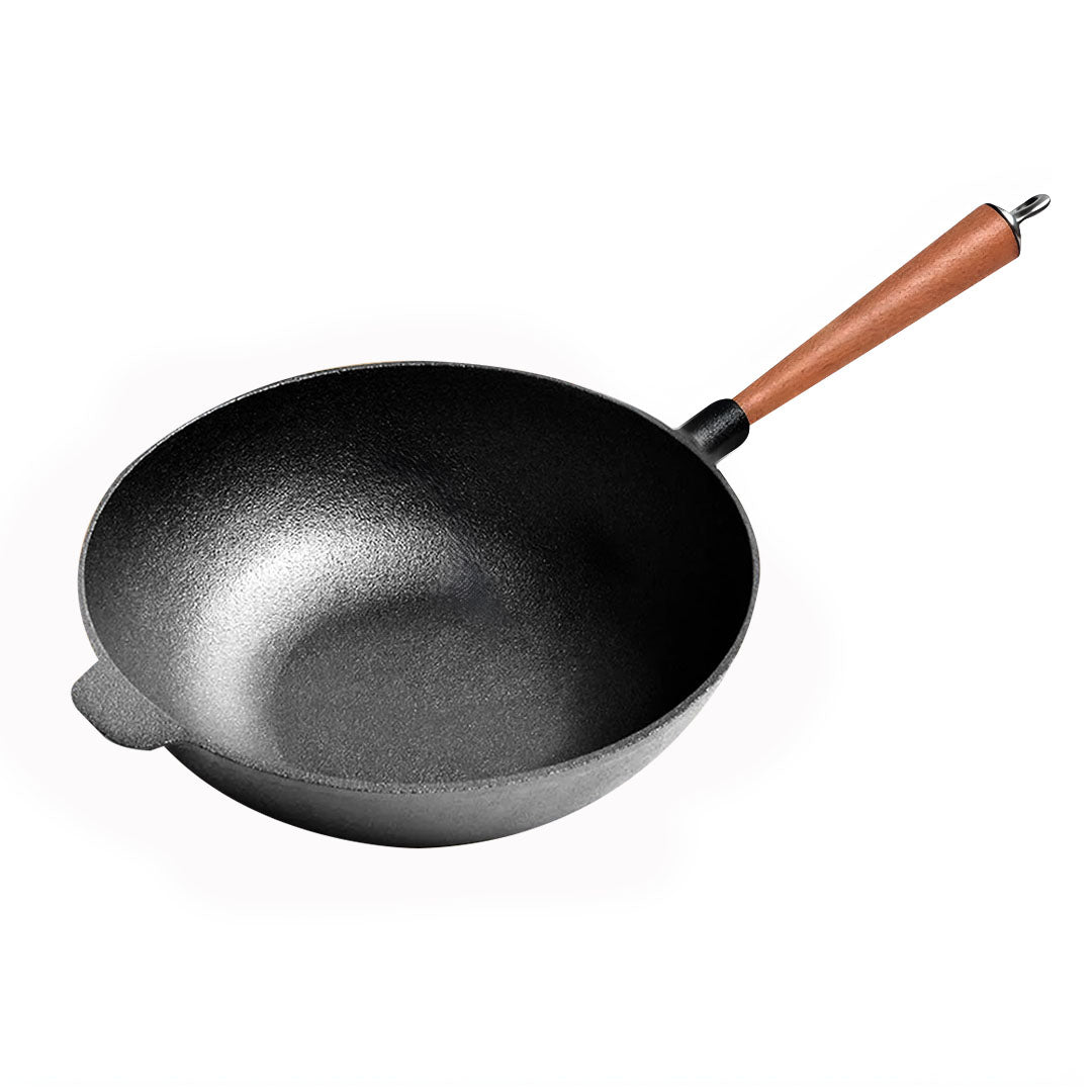 SOGA 31cm Commercial Cast Iron Wok Round Bottom FryPan Home Cooking Skillet • LUZ-ZPai012NoLid