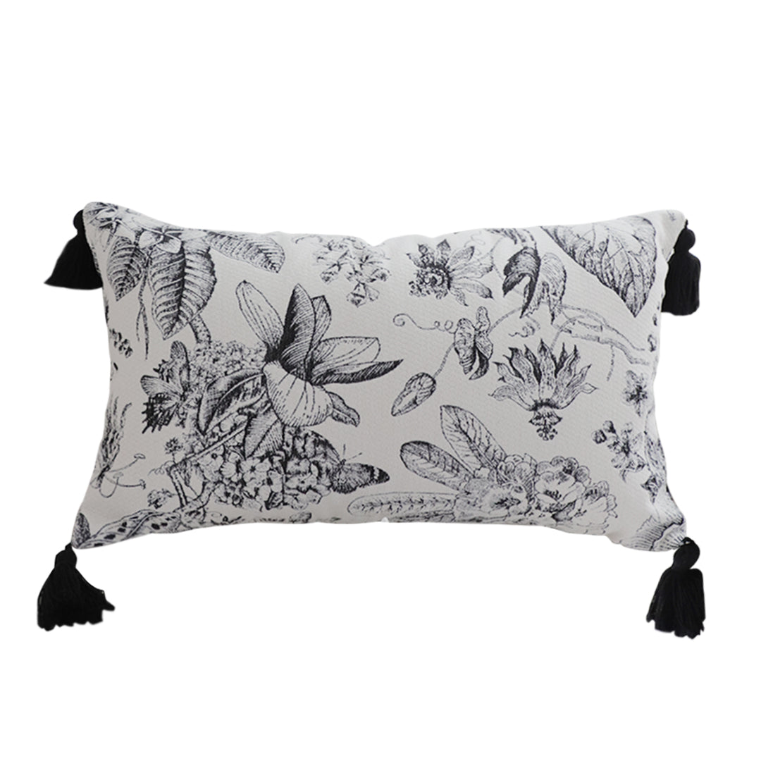 SOGA 35cm Throw Pillow  Black and White Floral Print Elegant with Tassel Accents Home Decor • LUZ-FrenchCushion342
