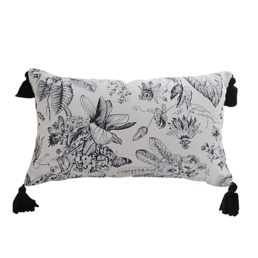 SOGA 35cm Throw Pillow  Black and White Floral Print Elegant with Tassel Accents Home Decor • LUZ-FrenchCushion342