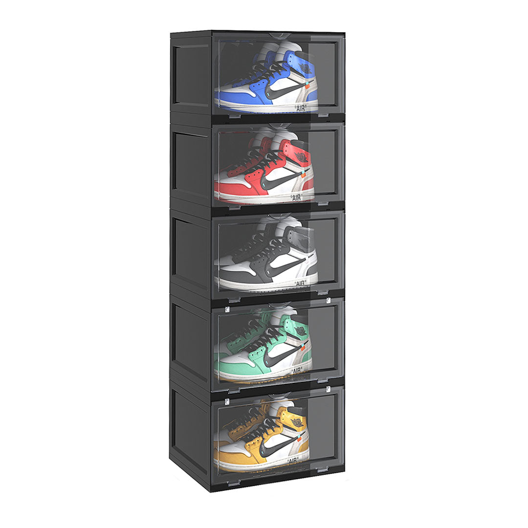 SOGA 5 Tier Black Portable Shoe Organiser Sneaker Footwear Folding Plastic Bin Stackable Storage Box with Magnetic Door • LUZ-ShoeA8005BLK