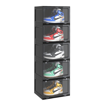 SOGA 5 Tier Black Portable Shoe Organiser Sneaker Footwear Folding Plastic Bin Stackable Storage Box with Magnetic Door • LUZ-ShoeA8005BLK