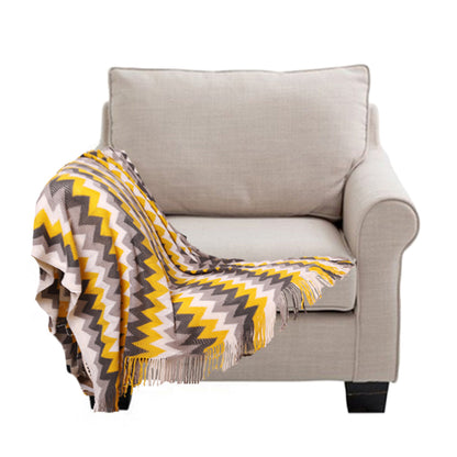 SOGA 220cm Yellow Zigzag Striped Throw Blanket Acrylic Wave Knitted Fringed Woven Cover Couch Bed Sofa Home Decor • LUZ-Blanket918