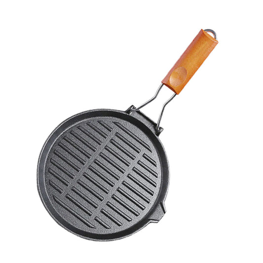 SOGA 24cm Round Ribbed Cast Iron Steak Frying Grill Skillet Pan with Folding Wooden Handle • LUZ-ZPai026