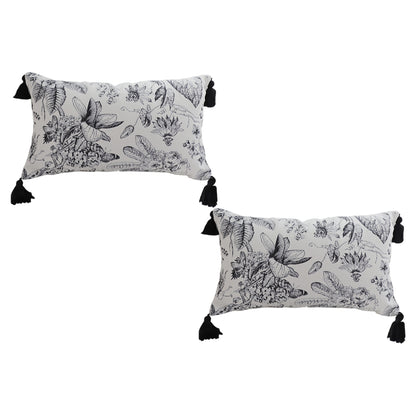SOGA 2X 35cm Throw Pillow  Black and White Floral Print Elegant with Tassel Accents Home Decor • LUZ-FrenchCushion342X2