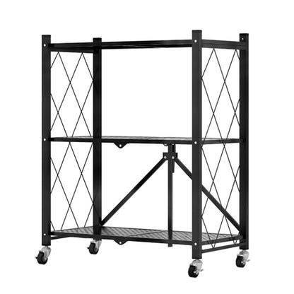 SOGA 3 Tier Steel Black Foldable Kitchen Cart Multi-Functional Shelves Portable Storage Organizer with Wheels • LUZ-KitchenXY001