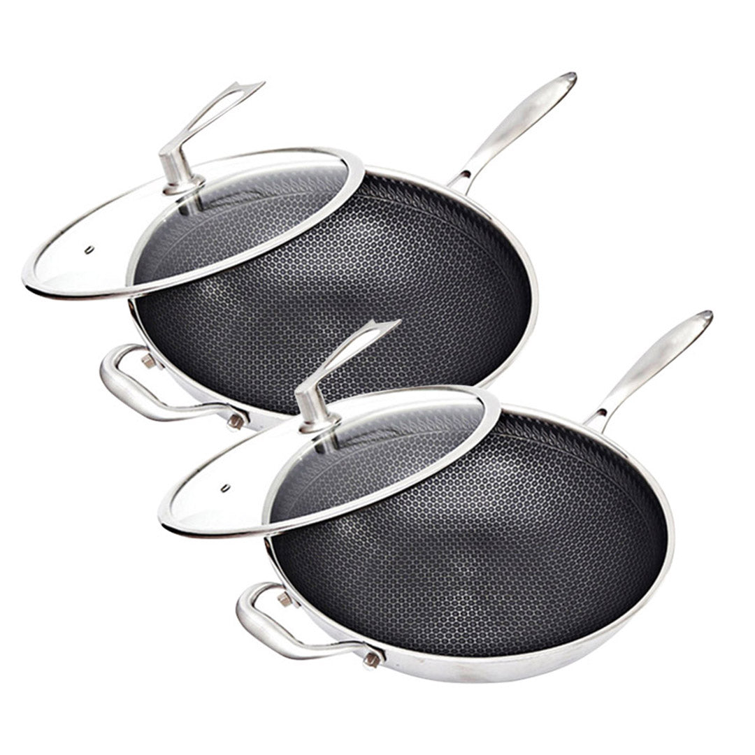 SOGA 2X 34cm Stainless Steel Tri-Ply Frying Cooking Fry Pan Textured Non Stick Skillet with Glass Lid and Helper Handle • LUZ-FryPanTRIFPYZ34X2