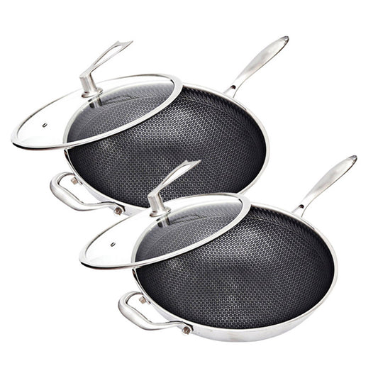 SOGA 2X 34cm Stainless Steel Tri-Ply Frying Cooking Fry Pan Textured Non Stick Skillet with Glass Lid and Helper Handle • LUZ-FryPanTRIFPYZ34X2