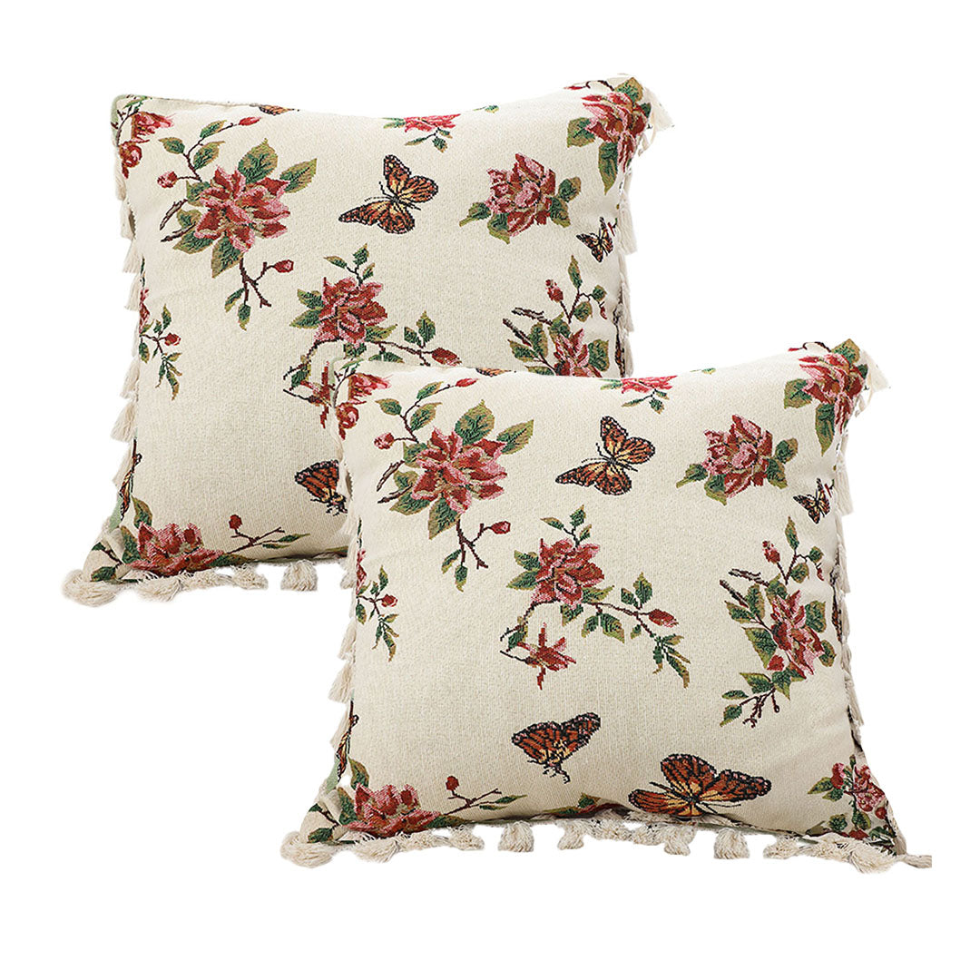 SOGA 2X 45cm Creamy White French Vintage Butterfly Loves Flowers Tassel Throw Pillow • LUZ-FrenchCushion250X2
