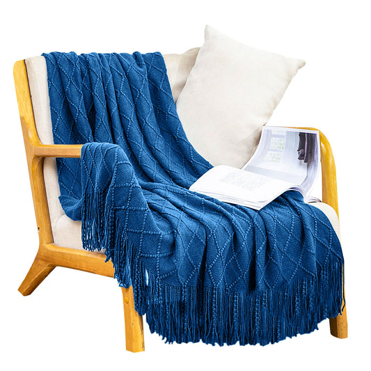 SOGA Royal Blue Diamond Pattern Knitted Throw Blanket Warm Cozy Woven Cover Couch Bed Sofa Home Decor with Tassels • LUZ-Blanket902
