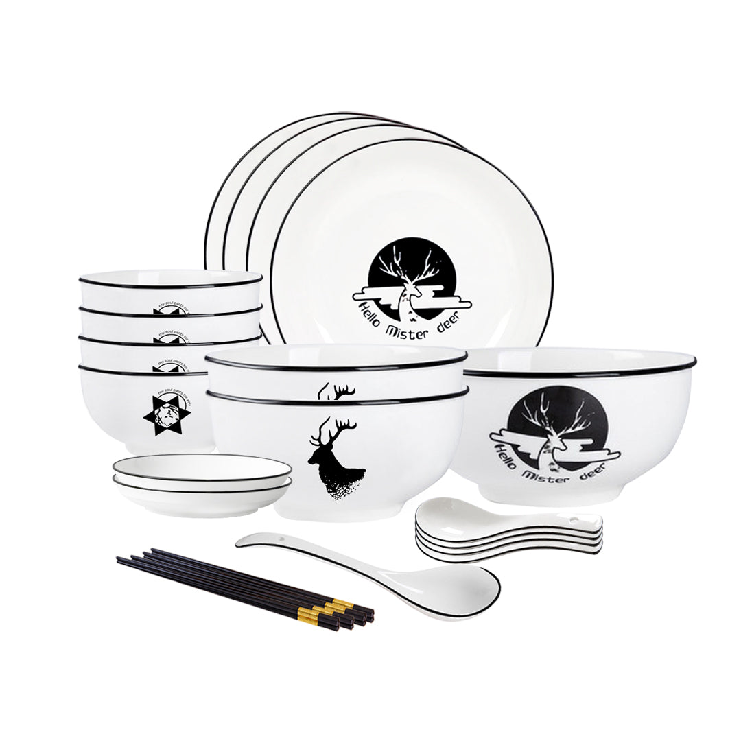 SOGA White Antler Printed Ceramic Dinnerware Set Crockery Soup Bowl Plate Server Kitchen Home Decor Set of 13 • LUZ-BowlG772