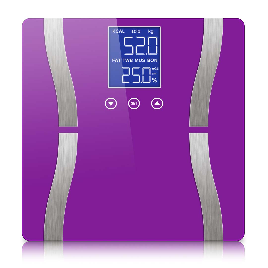 SOGA Glass LCD Digital Body Fat Scale Bathroom Electronic Gym Water Weighing Scales Purple • LUZ-BodyFatScalePurple