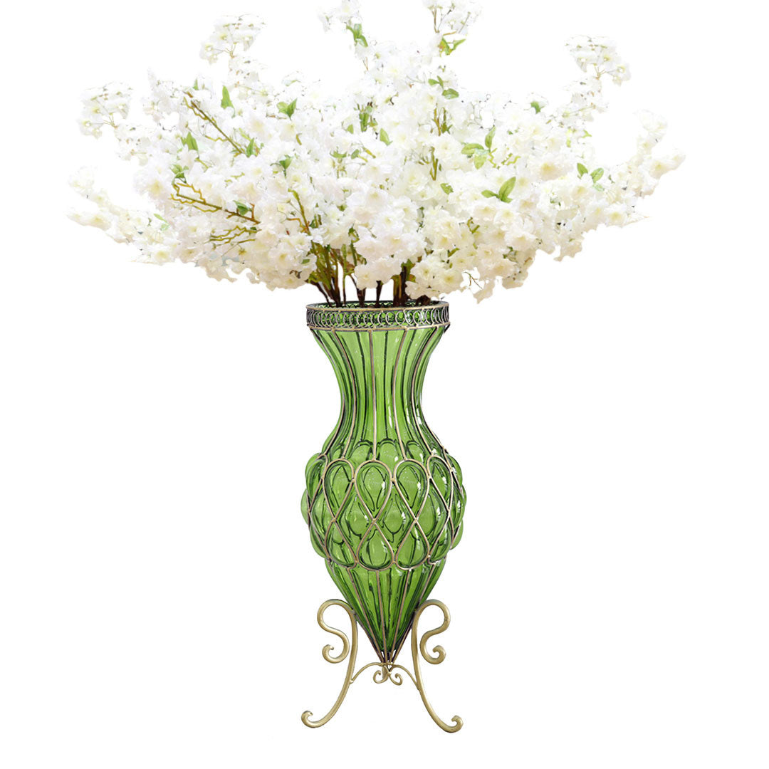 SOGA 67cm Green Glass Tall Floor Vase with 10pcs White Artificial Fake Flower Set • LUZ-Vase0053GreenwWhiteF10