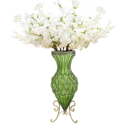 SOGA 67cm Green Glass Tall Floor Vase with 10pcs White Artificial Fake Flower Set • LUZ-Vase0053GreenwWhiteF10