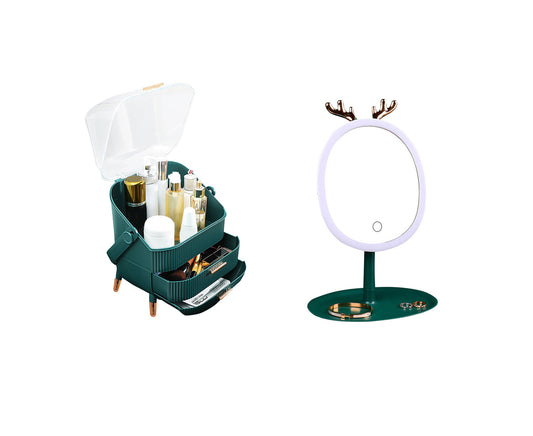 SOGA Green Cosmetic Jewelry Storage Organiser with Antler LED Light Mirror Tabletop Vanity Set • LUZ-BathC110-G534