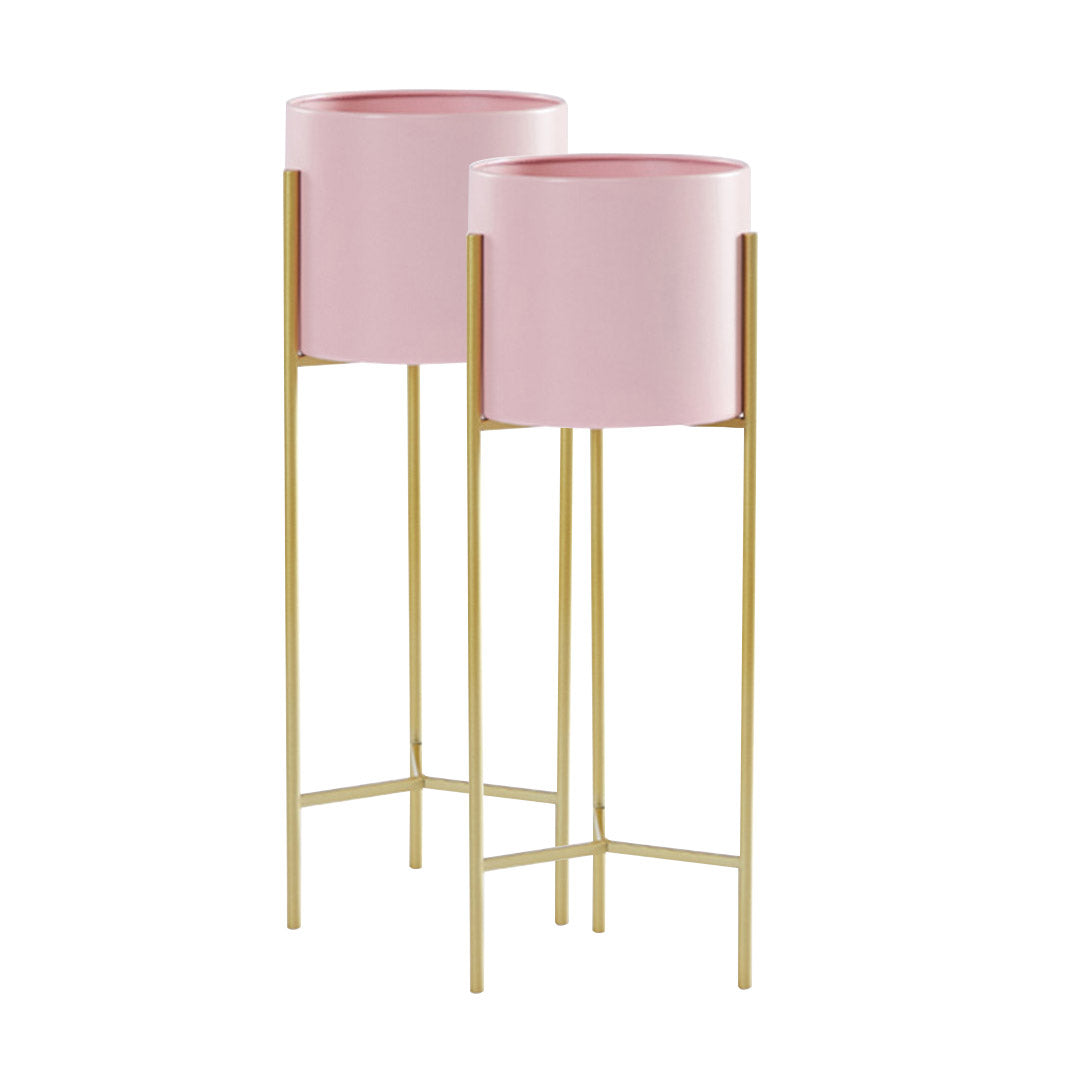 SOGA 2X 2 Layer 60cm Gold Metal Plant Stand with Pink Flower Pot Holder Corner Shelving Rack Indoor Display • LUZ-FPotH62PNKX2