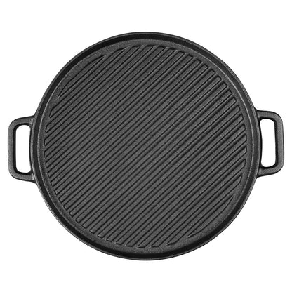 SOGA 30cm Round Cast Iron Ribbed BBQ Pan Skillet Steak Sizzle Platter with Handle • LUZ-ZPai042