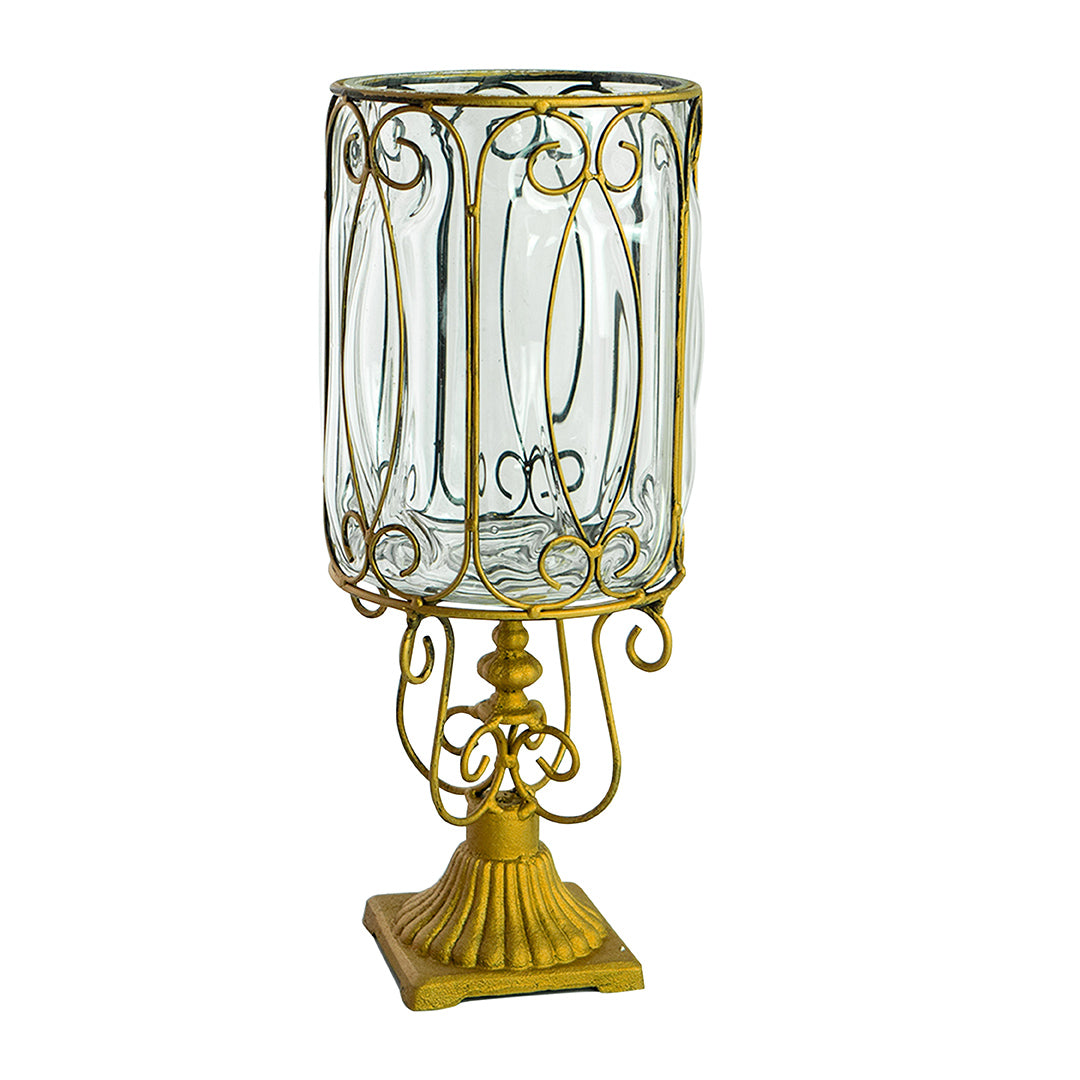 SOGA European Clear Glass Cylinder Flower Vase Solid Base with Gold Metal Pattern • LUZ-HO-VaseYG3015