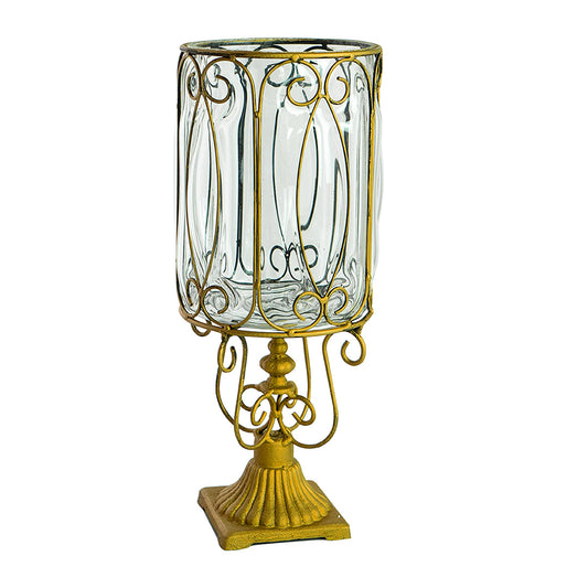 SOGA European Clear Glass Cylinder Flower Vase Solid Base with Gold Metal Pattern • LUZ-HO-VaseYG3015