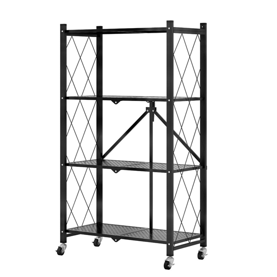 SOGA 4 Tier Steel Black Foldable Kitchen Cart Multi-Functional Shelves Portable Storage Organizer with Wheels • LUZ-KitchenXY002