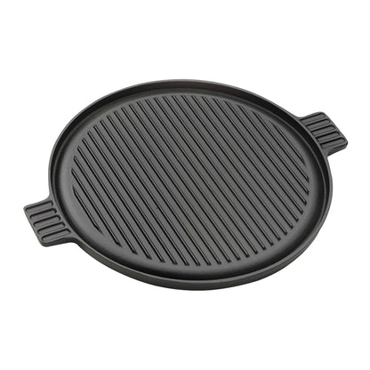 SOGA 43cm Round Ribbed Cast Iron Frying Pan Skillet Steak Sizzle Platter with Handle • LUZ-ZPai002