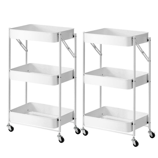 SOGA 2X 3 Tier Steel White Foldable Kitchen Cart Multi-Functional Shelves Portable Storage Organizer with Wheels • LUZ-KitchenXY012X2