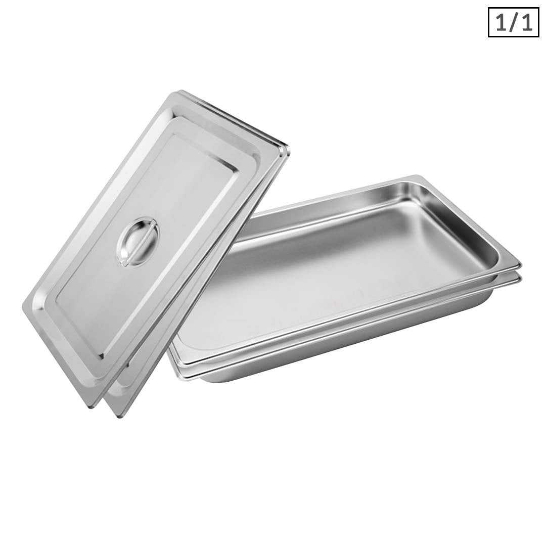 SOGA 2X Gastronorm GN Pan Full Size 1/1 GN Pan 4cm Deep Stainless Steel Tray With Lid • LUZ-GP5402wLidX2A