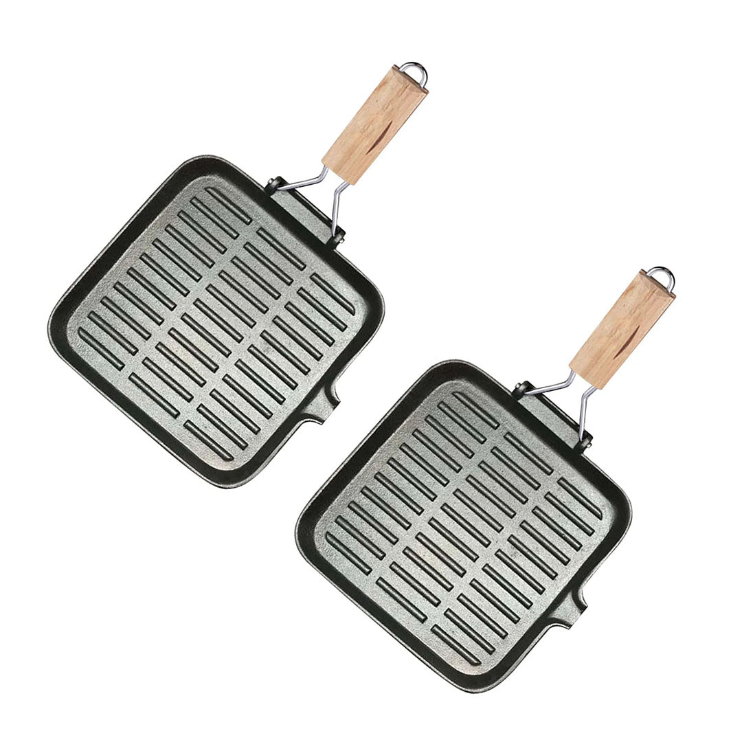 SOGA 2X 24cm Ribbed Cast Iron Square Steak Frying Grill Skillet Pan with Folding Wooden Handle • LUZ-ZPai010X2