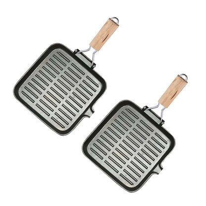 SOGA 2X 24cm Ribbed Cast Iron Square Steak Frying Grill Skillet Pan with Folding Wooden Handle • LUZ-ZPai010X2