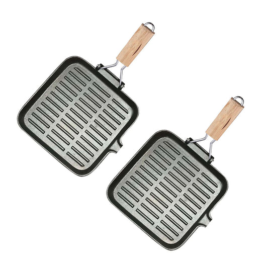 SOGA 2X 24cm Ribbed Cast Iron Square Steak Frying Grill Skillet Pan with Folding Wooden Handle • LUZ-ZPai010X2