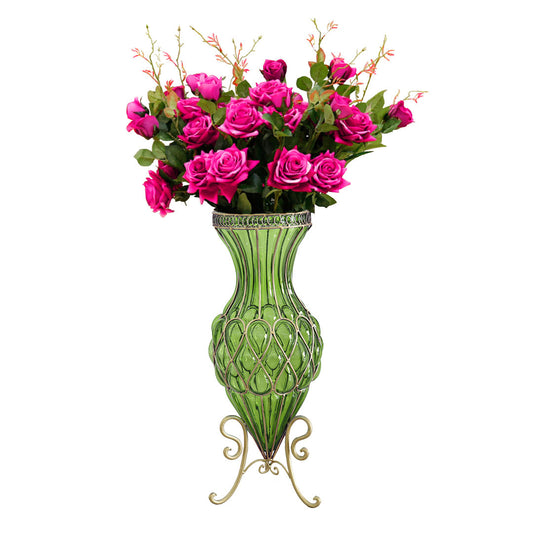 SOGA 67cm Green Glass Tall Floor Vase and 12pcs Dark Pink Artificial Fake Flower Set • LUZ-Vase0053GreenwRedF12