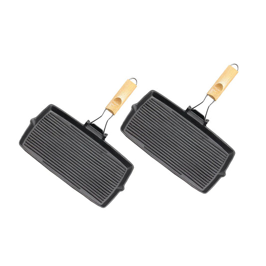 SOGA 2X 20.5cm Rectangular Cast Iron Griddle Grill Frying Pan with Folding Wooden Handle • LUZ-ZPai061X2