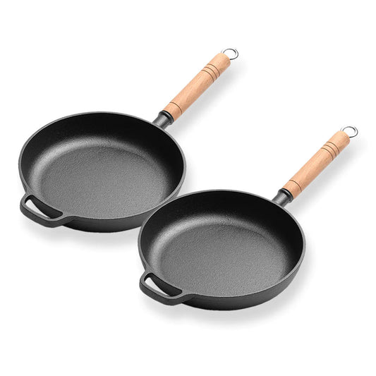 SOGA 2X 27cm Round Cast Iron Frying Pan Skillet Steak Sizzle Platter with Helper Handle • LUZ-ZPai018BX2