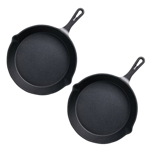 SOGA 2X 26cm Round Cast Iron Frying Pan Skillet Steak Sizzle Platter with Handle • LUZ-ZPai007X2