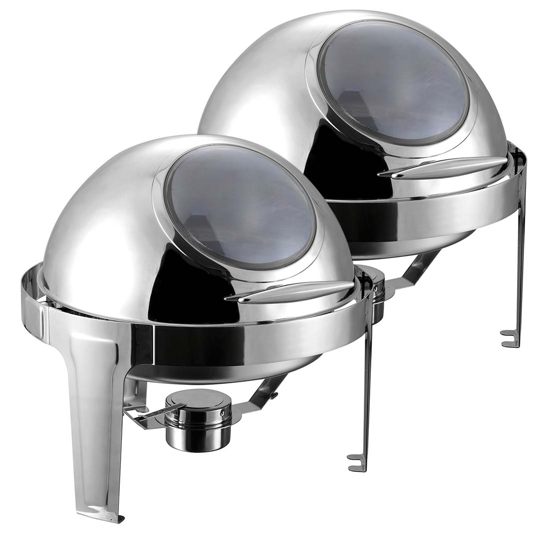SOGA 2X 6L Round Chafing Stainless Steel Food Warmer with Glass Roll Top • LUZ-ChafingDish5639X2