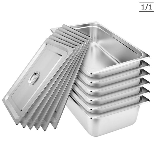 SOGA 6X Gastronorm GN Pan Full Size 1/1 GN Pan 15cm Deep Stainless Steel Tray With Lid • LUZ-GP5405wLidX6
