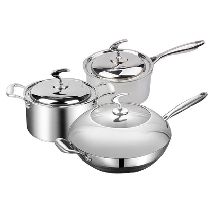 SOGA 6 Piece Cookware Set 18/10 Stainless Steel 3-Ply Frying Pan, Milk, and Soup Pot with Lid • LUZ-SSPanPotSet