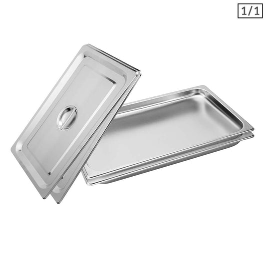SOGA 2X Gastronorm GN Pan Full Size 1/1 GN Pan 2cm Deep Stainless Steel Tray With Lid • LUZ-GP5401wLidX2