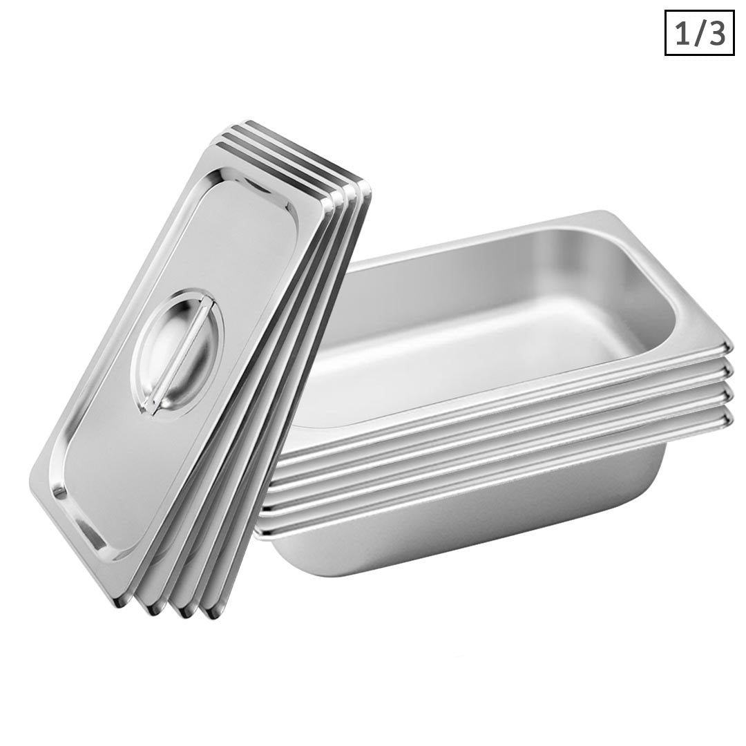 SOGA 4X Gastronorm GN Pan Full Size 1/3 GN Pan 6.5 cm Deep Stainless Steel Tray With Lid • LUZ-GP5415wLidX4