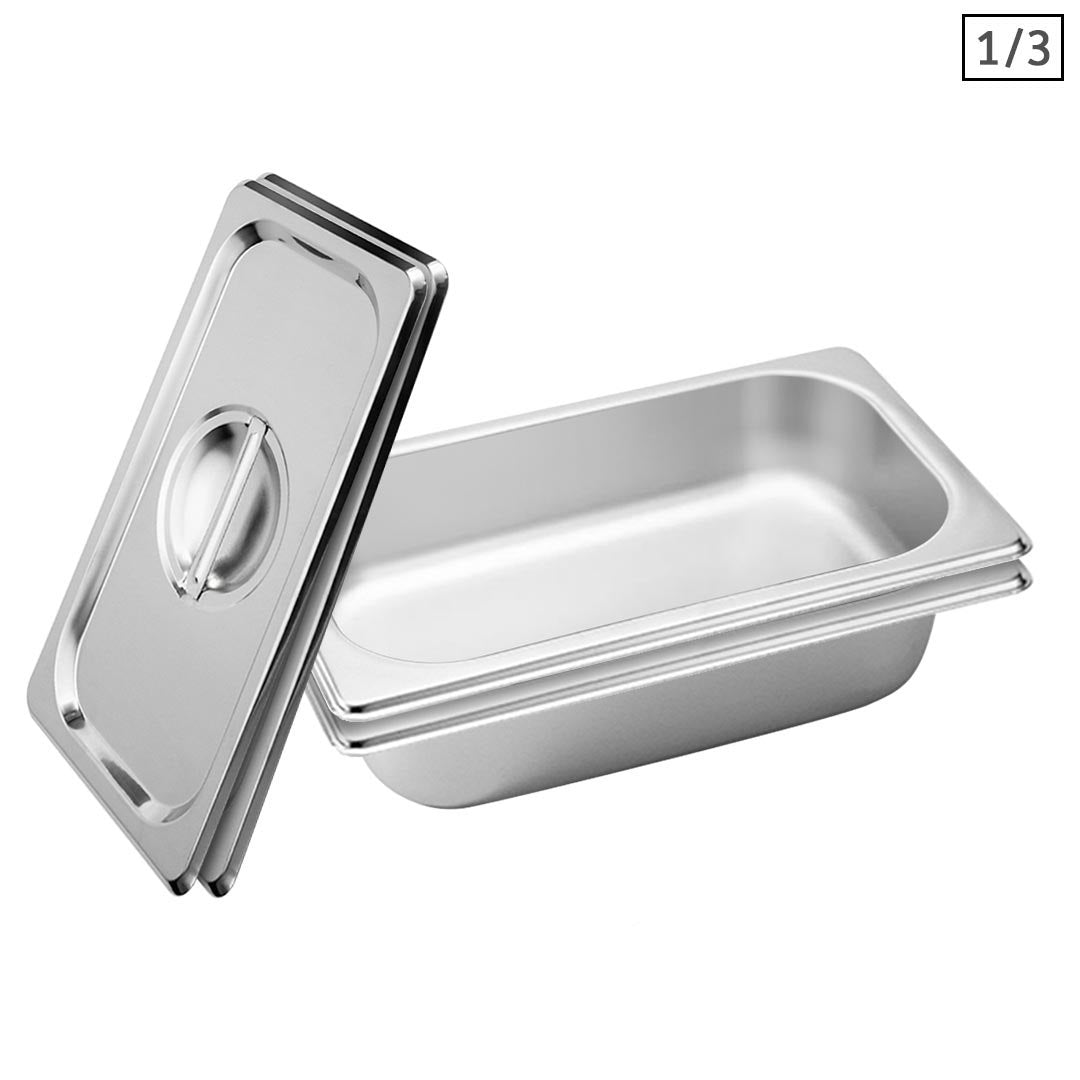 SOGA 2X Gastronorm GN Pan Full Size 1/3 GN Pan 6.5 cm Deep Stainless Steel Tray With Lid • LUZ-GP5415wLidX2
