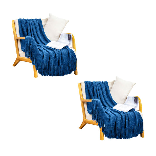 SOGA 2X Royal Blue Diamond Pattern Knitted Throw Blanket Warm Cozy Woven Cover Couch Bed Sofa Home Decor with Tassels • LUZ-Blanket902X2