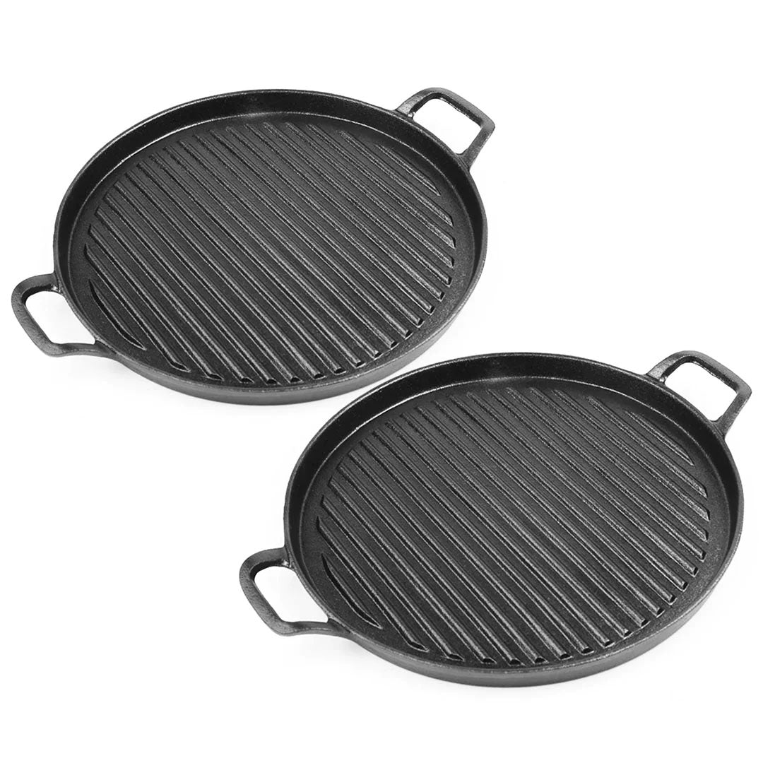 SOGA 2X 28cm Ribbed Cast Iron Frying Pan Skillet Coating Steak Sizzle Platter • LUZ-ZPai024BX2