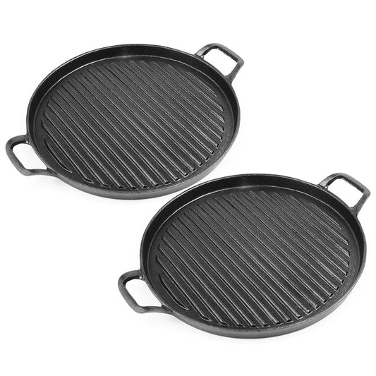 SOGA 2X 28cm Ribbed Cast Iron Frying Pan Skillet Coating Steak Sizzle Platter • LUZ-ZPai024BX2