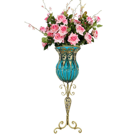 SOGA 85cm Blue Glass Tall Floor Vase and 12pcs Pink Artificial Fake Flower Set • LUZ-Vase3019BluewPinkF12