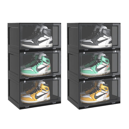 SOGA 2X 3 Tier Black Portable Shoe Organiser Sneaker Footwear Folding Plastic Bin Stackable Storage Box with Magnetic Door • LUZ-ShoeA8003BLKX2