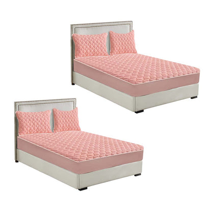 SOGA 2X Pink 153cm Wide Mattress Cover Thick Quilted Fleece Stretchable Clover Design Bed Spread Sheet Protector with Pillow Covers • LUZ-BCover7007X2