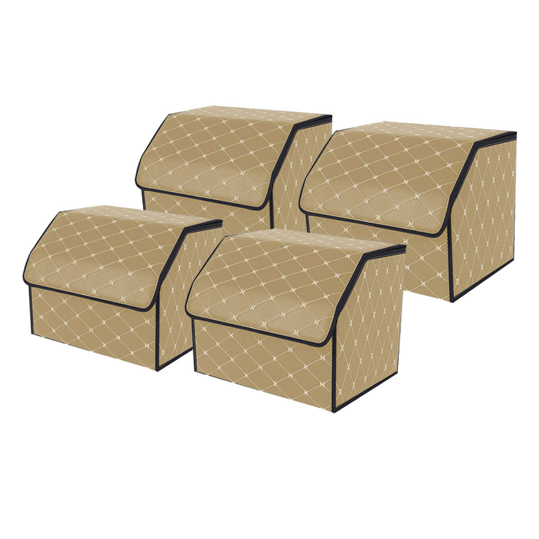 SOGA 4X Leather Car Boot Collapsible Foldable Trunk Cargo Organizer Portable Storage Box Beige/Gold Stitch Small • LUZ-StorageWHTGLDSmlX4