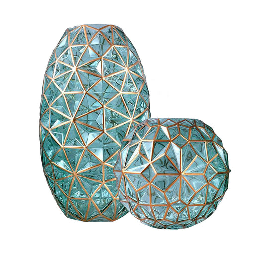 SOGA Green Colored Diamond Cut Glass Flower Vase Round Jar Home Decor with Gold Accent Large and Medium Set • LUZ-GVaseGreen