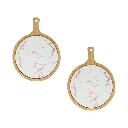 SOGA 2X 30cm White Circle Wooden Serving Tray Slate Steak Serving Platter Chopping Board Paddle Home Decor • LUZ-WodE595X2